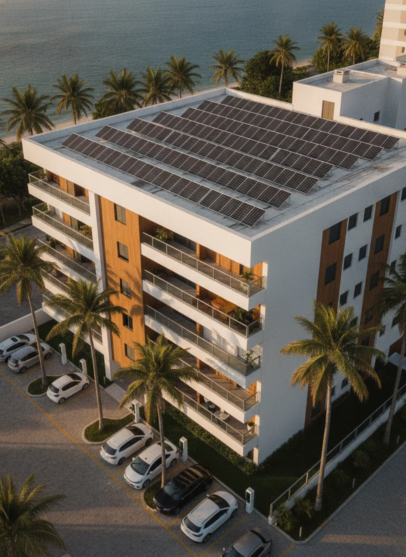 Condomínio com usina solar e carro elétrico carregando