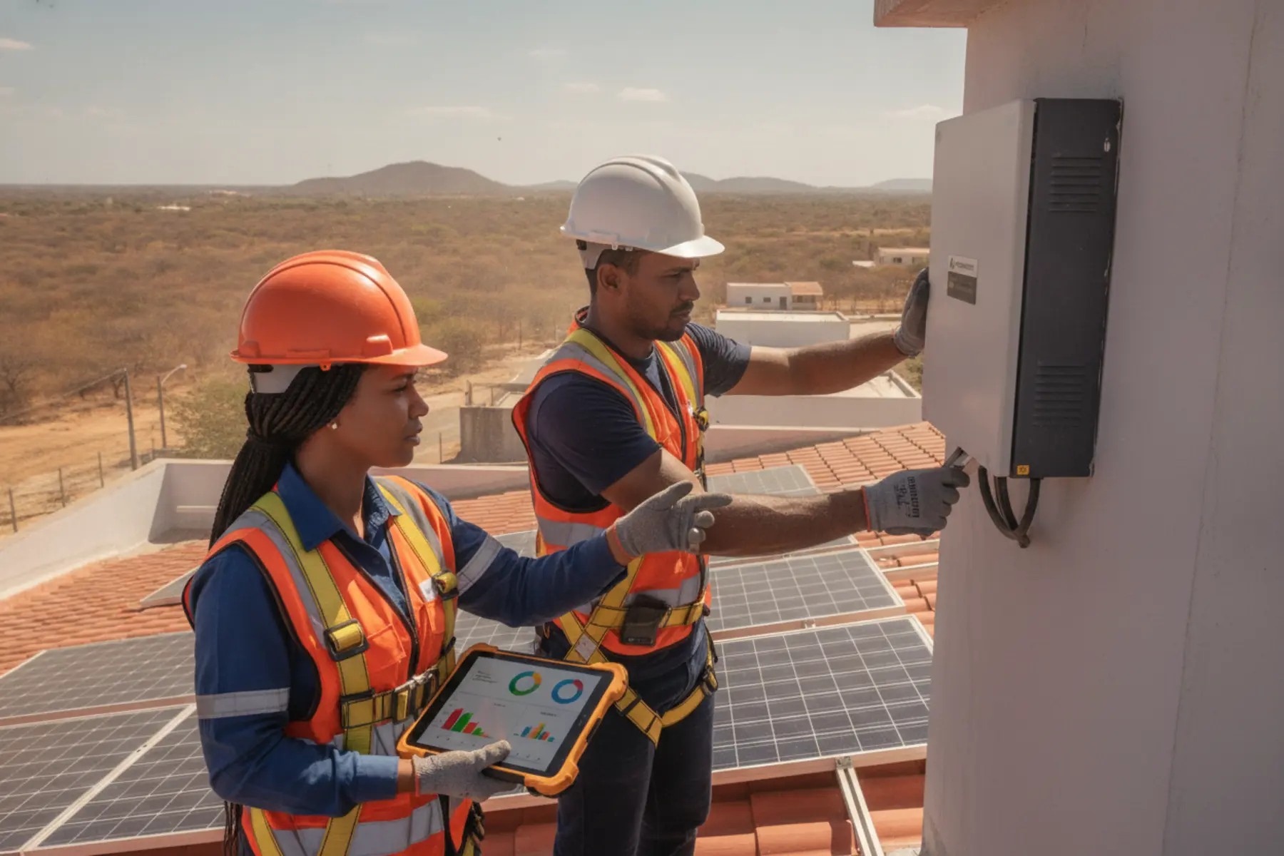 Engenheiros instalando inversor solar em telhado no Nordeste