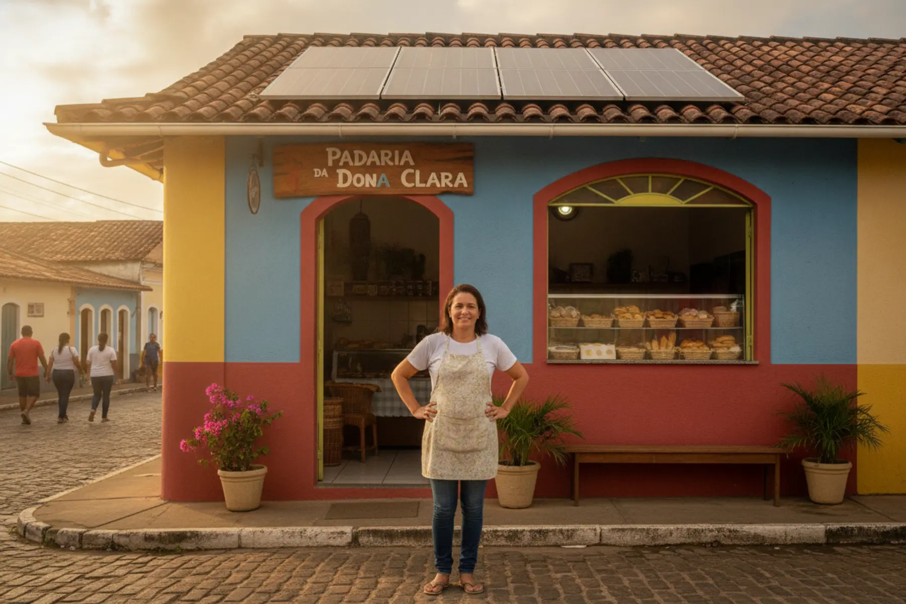 Dona de padaria em frente ao comércio com painéis solares no telhado